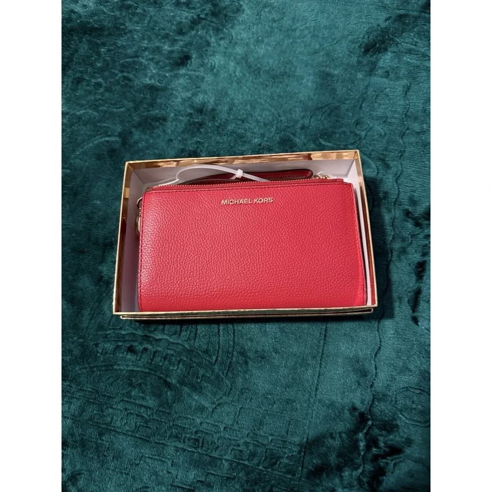 Michael‎ Kors Jet Set Double Zip Wristlet Crimson Red Leather Wallet 32T7GAFW4L